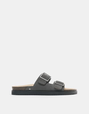 Pull & Bear - Sandales plates en cuir à boucle - Gris