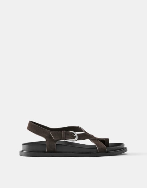 Pull&Bear - Sandales plates en cuir - Marron - view 1