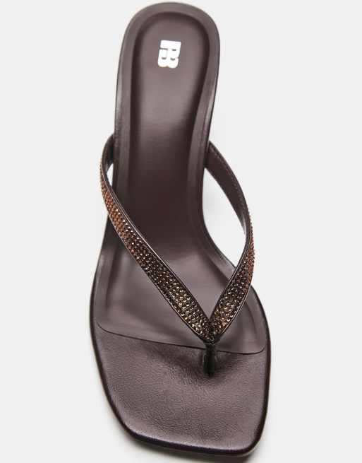 Pull&Bear – Sandaletten in Kastanienbraun mit Strassbesatz und Absatz, 3 von 4