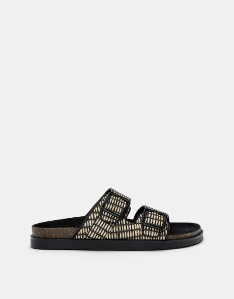 Pull&Bear - Sandali sliders bassi neri stampati con fibbia - view 1