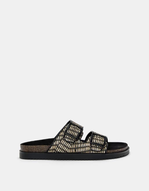 Pull&Bear - Sandali sliders bassi neri stampati con fibbia
