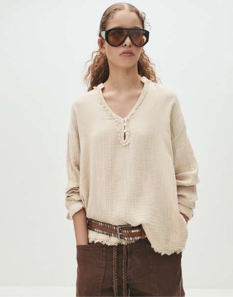 Pull&Bear – Sandfärgad blus i oversize med ståkrage - view 1