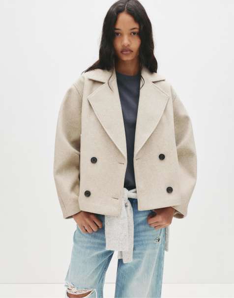 Pull&Bear – Sandfärgad, filtstrukturerad, kort kappa - view 1