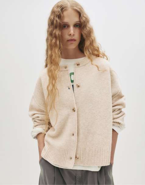 Pull&Bear – Sandfärgad kofta med raglan-ärmar och knäppning - view 1