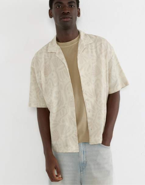 Pull&Bear – Sandfärgad, mönstrad skjorta med korta ärmar - view 1