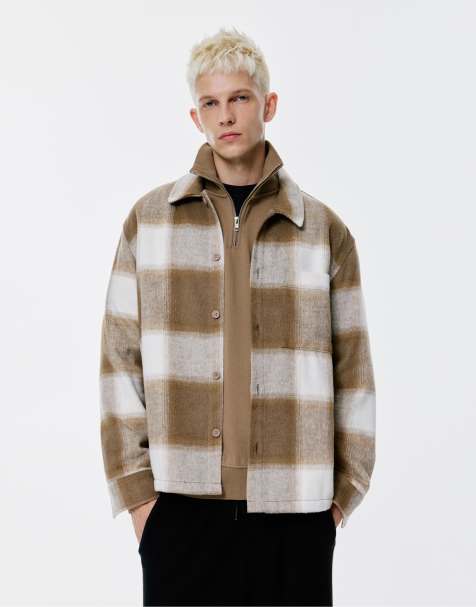 Pull&Bear – Sandfärgad, rutig overshirt med ficka - view 1