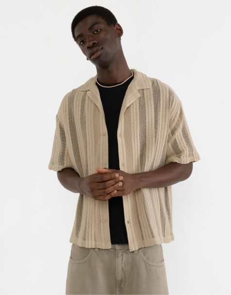 Pull&Bear – Sandfärgad skjorta med korta ärmar och utskuret mönster - view 1
