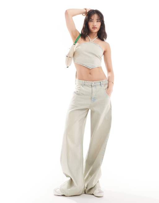Pull&Bear – Sandfärgad, smutstvättad jeanstopp med halterneck, del av set, 2 av 4