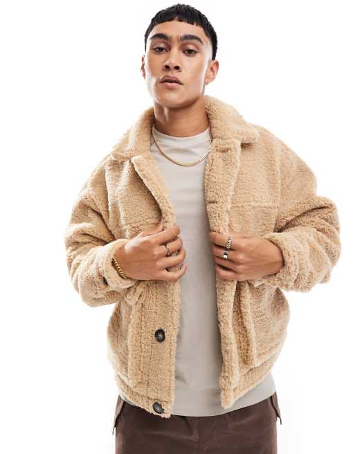 Pull&Bear – Sandfärgad truckerjacka i teddy