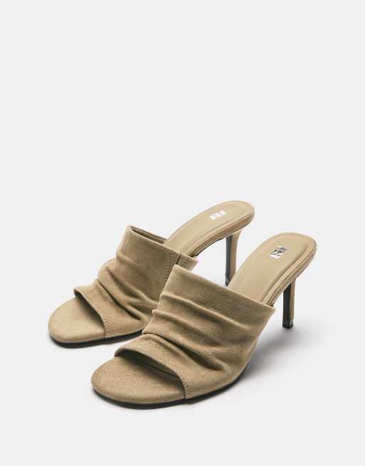 Pull&Bear - Sandfarvede mule-sandaler med hæl og samlede detaljer, 4 af 4