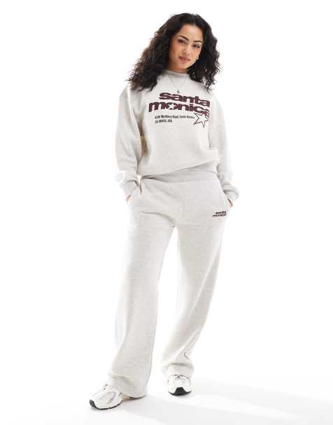 Pull&Bear 'Santa Monica' graphic wide leg trackies in grey marl (part of a set) - view 1