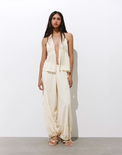 Pull&Bear - Sarouel broek met spiegeltjes in vanille - view 1
