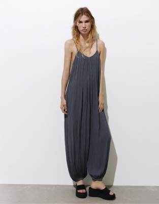 Sarouel - Fließender Jumpsuit in Blau mit Riemchenträgern Blau XL