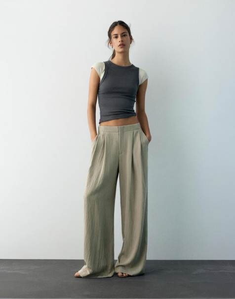 Pull&Bear - Sart kakigrønne elegante bukser med indsnit - view 1