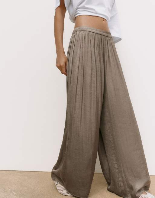 Pull&Bear satijnen broek met wijde pijpen in taupebruin, 4 van 7