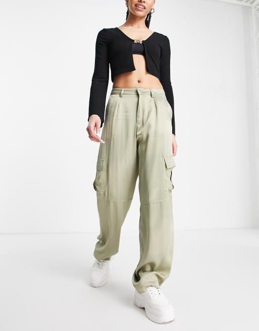 Pull&Bear - Satijnen cargobroek met rechte pijpen in saliegroen
