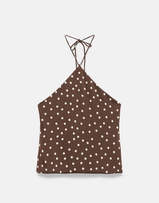 Pull&Bear satijnen haltertop met bruine polkadots, 5 van 7