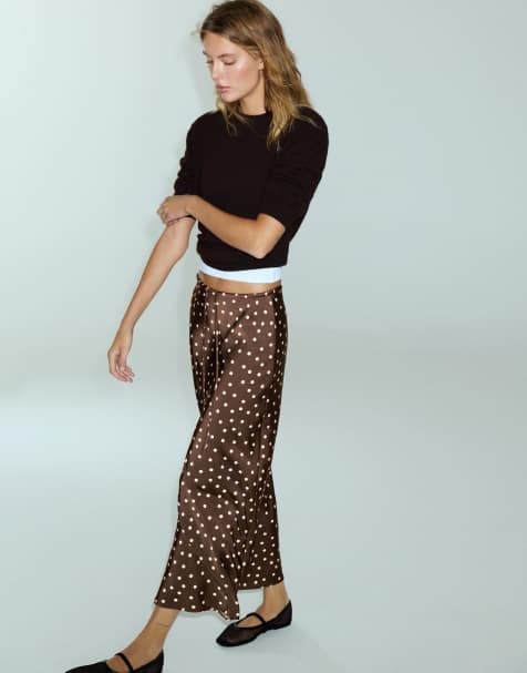 Pull&Bear satijnen midi-rok met trekkoord in bruine polkadots - view 1