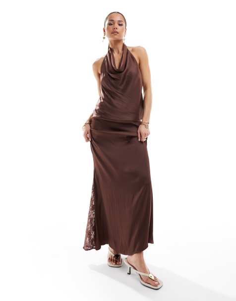 Pull&Bear - Satijnen top met halternek in bruin, deel van co-ord set - view 1