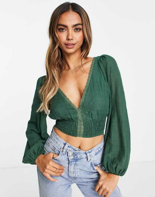 Pull&Bear satin button detail romantic blouse in bottle green | ASOS