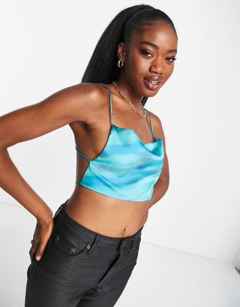 Pull&Bear satin cropped open back top in turquoise print