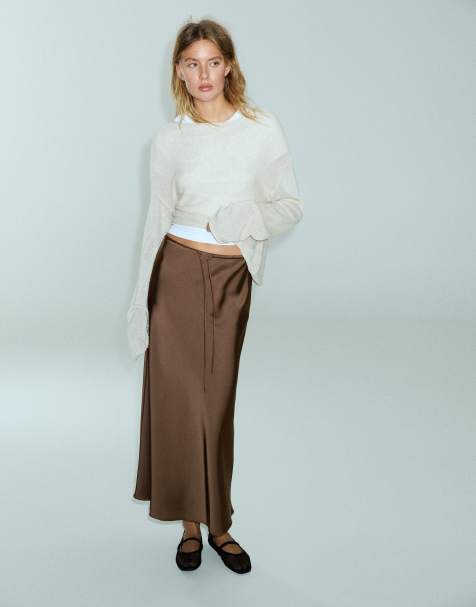 Pull&Bear Satin drawstring maxi skirt in dark brown