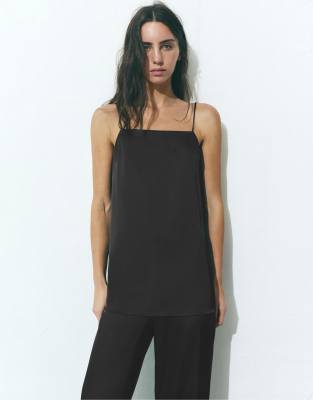 Pull & Bear Satin fabric strappy top in black