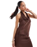 [Pull & Bear] Pull & Bear satin halterneck top set in brown L BROWN