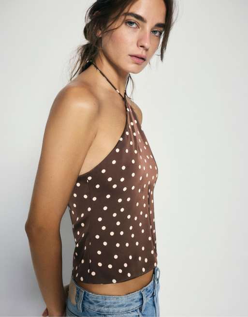 Pull&Bear satin halternecktopp med bruna prickar, 2 av 7