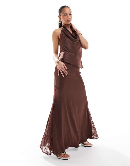 Pull&Bear satin midi skirt with lace inserts co-ord in brown