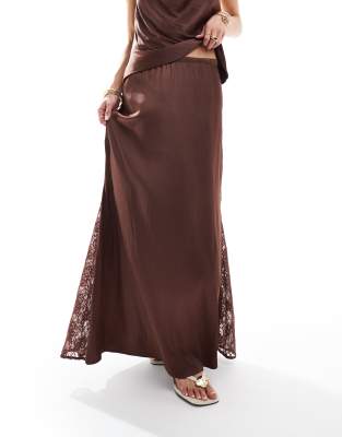Pull & Bear Satin Midi Skirt With Lace Inserts In Brown