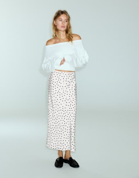 Pull&Bear satin-nederdel i midi-længde med løbesnor i hvid - view 1