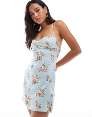 satin open back mini dress in floral print-Multi