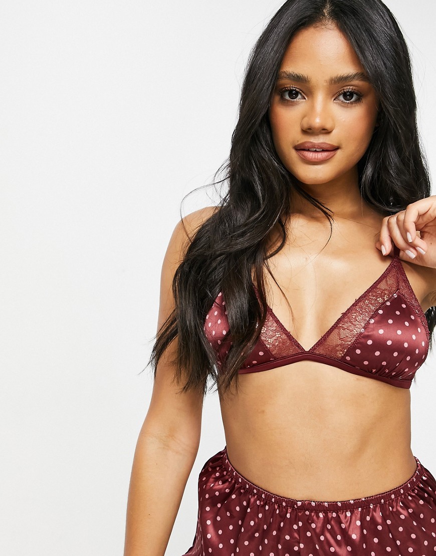 Pull & Bear satin polkadot triangle bra with lace trim in red - part of a set-Brown