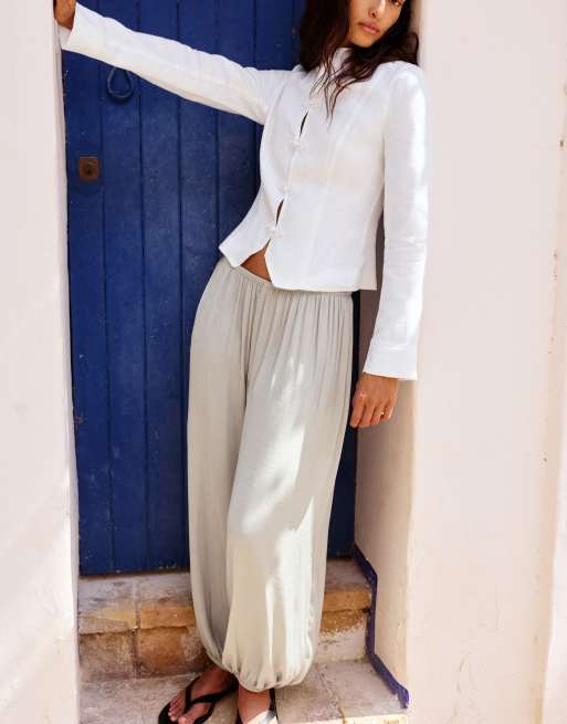 Pull&Bear Satin sarouel trousers in pale grey, 3 of 7