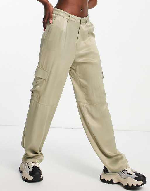 Pull&Bear satin straight leg cargo pants in sage green ASOS