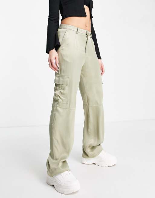 Pull&Bear satin straight leg cargo trousers in sage green