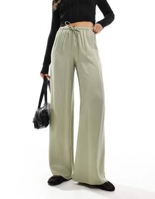 Pull & Bear Satin Wide Leg Pants In Khaki-green