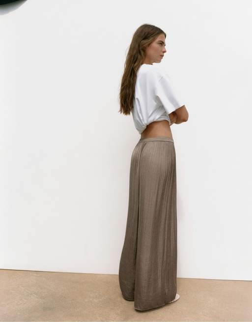 Pull&Bear Satin wide-leg trousers in mole brown, 2 of 7