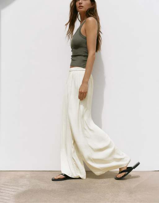 Pull&Bear satinbukser med brede ben i beige, 4 af 7