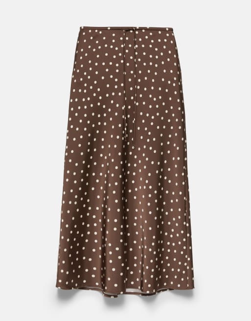 Pull&Bear satinmidikjol med dragsko i bruna prickar, 6 av 7