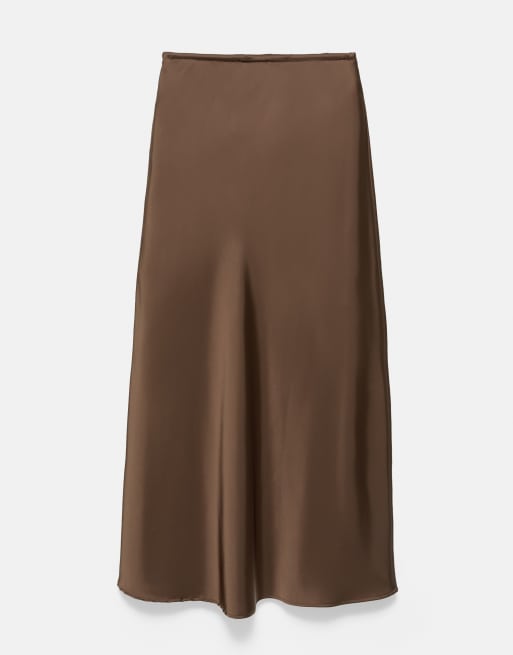 Pull&Bear satinmidikjol med dragsko i mörkbrun, 7 av 7