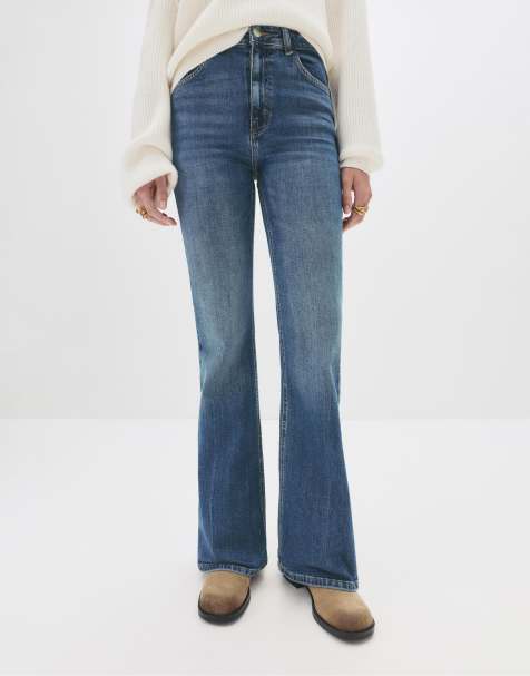 Pull&Bear – Schlagjeans in Dunkelblau mit hohem Bund - view 1