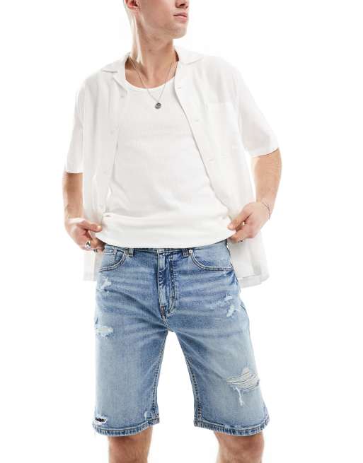Pull&Bear – Schmal geschnittene, zerrissene Jeans-Shorts in Blau