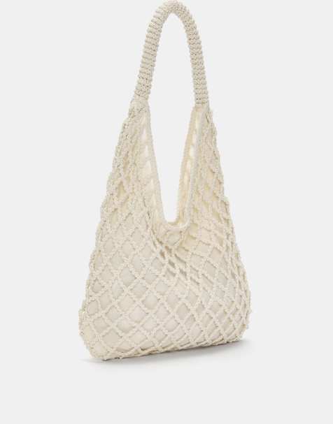 Pull&Bear – Schultertasche aus Netzstoff in Ecru - view 1