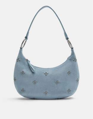 Pull & Bear - Schultertasche in Blau mit Blumennieten
