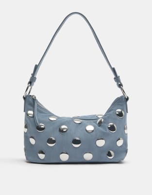 Pull & Bear - Schultertasche in Blau mit Nietenbesatz