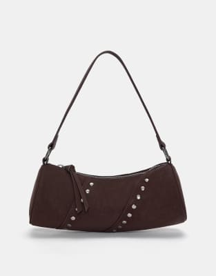 Pull&Bear – Schultertasche in Braun mit Nietenbesatz - view 1