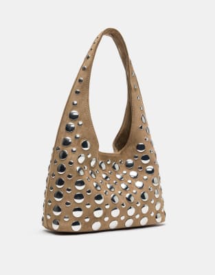 Pull & Bear - Schultertasche in Braun mit Nietenbesatz-Brown