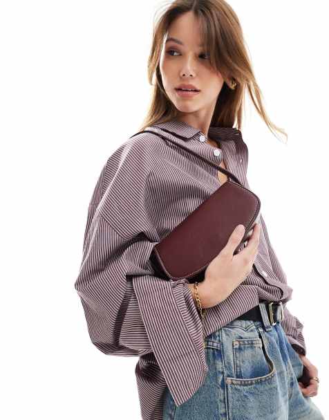 Pull&Bear – Schultertasche in Burgunderrot mit Kontrastnaht - view 1